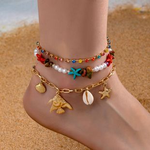 Cross-border hot selling fashion personality trend starfish shell stone anklet suitable for women's seaside holiday wear