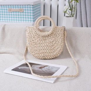 Summer New Arrival Yuanbao Round Bucket Bag Hand-Woven Solid Color Straw Woven Bag Simple Daily Matching Women's Hand Bag