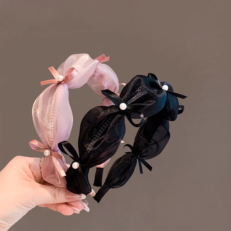 Sweet Pink Ballet Style Bow Snow Yarn Hair Band Fashion Pearl Pressed Front Broken Hair Band Wash Face Hair Bundles