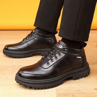 Men's snow cotton boots winter new hidden height fleece-lined thick warm non-slip sheepskin integrated high-top leather shoes