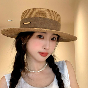Sunscreen Straw Hat Women's Summer Flat Top Straw Hat Large Brim Sun Hat British Top Hat Seaside Holiday Beach Hat