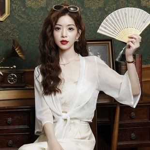 Small Shawl Women's Summer Chiffon All-match Sunscreen Clothing with Slip Skirt Mid-sleeve Cardigan Waistcoat Thin Short Coat