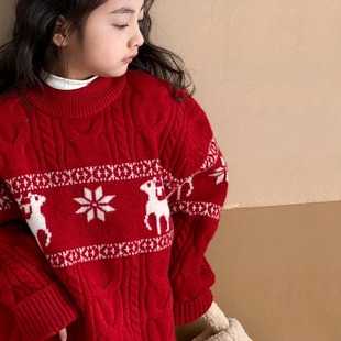 Girls' Sweater Winter Children's Red New Year Clothes Western-style Children's Knitwear Big Children's Christmas Pullover Top
