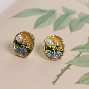 Dropping Glaze Pearl Oil Painting Wheat Ear Pearl Earrings Unique Antique Niche Elegant High-grade Earrings Exquisite Fashion Women