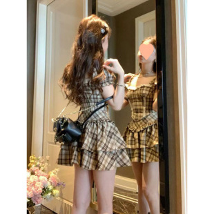 P4H [1223 people's collection] 2024 summer port style retro square collar waist jacket slim plaid suit school