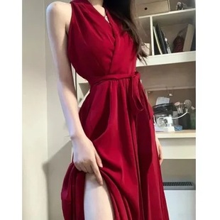 Summer New A- word Yujie Waistband Slim-fit Midi Dress Pure Desire Red Banquet Neck dress Women
