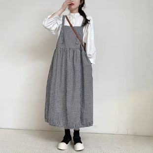 Japanese Style Fresh Artistic Cotton and Linen Plaid Skirt Strb Skirt Summer Plaid dress New Slimming French Style