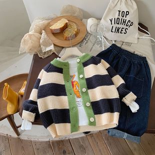 2024 Autumn and Winter New Children's Sweater Coat Cardigan Spring and Autumn Stripe Stylish Fashion Baby Color Matching Autumn Stylish