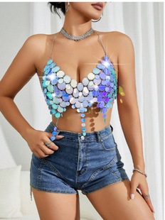 2024 Europe and the United States new ins factory direct nightclub sexy sequins backless chain women's vest