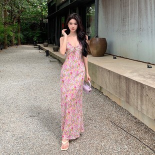 Pure Lace Floral Sling dress Women's Summer Vacation Seaside Beach Dress Hot Girl High Waist Hip Dress