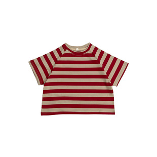 Korean Version of Boys and Girls Baby Summer New Striped Loose Top Children's Cotton Short-sleeved Raglan Sleeve T-shirt Trendy T
