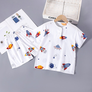 Summer children's pajamas cotton silk suit short sleeve shorts boys and girls thin baby cotton silk home clothes wholesale