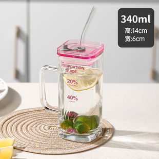 Thickened high temperature resistant glass cup gift cup square with handle cup summer with straw scale water cup wholesale