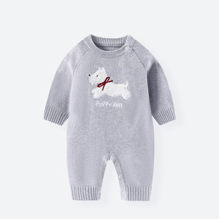 Autumn and Winter Baby's Long-sleeved Jumpsuit Casual Outer Wearing Knitted Cotton Yarn Hayi Cute Baby Climbing Suit Double-layer Embroidered Jumpsuit