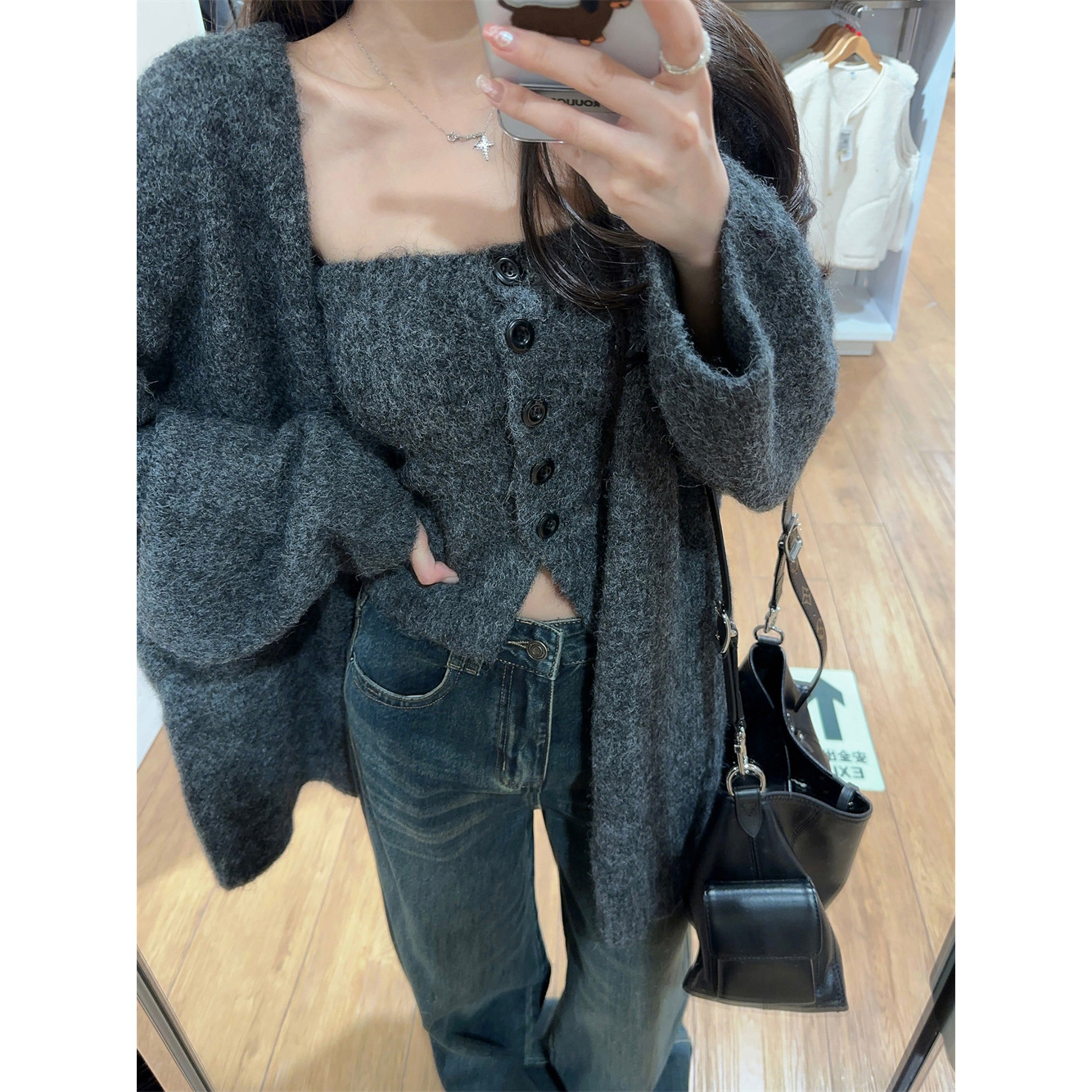 Korean-style Tight Single-breasted Tube Top Lazy Loose Knitted Cardigan Two-piece Suit for Autumn and Winter 2024