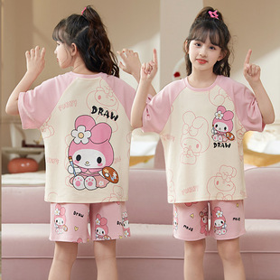 Summer Children's Pajamas Girls' Short-sleeved Shorts Thin Cute Cartoon Middle and Big Kids Girls' Outwear Home Clothes Suit