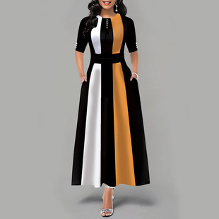 in stock Amazon Cross-border Foreign Trade Explosions Temperament Slim-fit Fashion Contrast Color Piano Striped dress Dress