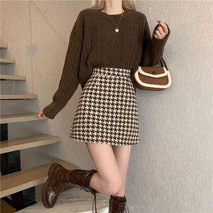 High Waist Belly Covering A- Line Short Skirt 2023 All-Match Tight Waist Fashion New Popular Houndstooth Wool Skirt for Women