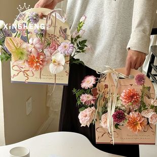Original love in flowers portable box flower bouquet packaging materials hand-made illustration flower box gift diy