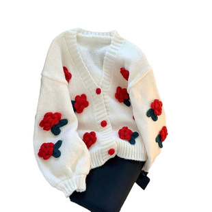Red Stereo Flower Cardigan Knitwear for Women, Short Style, Loose Jacket with Western Style Age-Reducing Knitted Knitwear Top