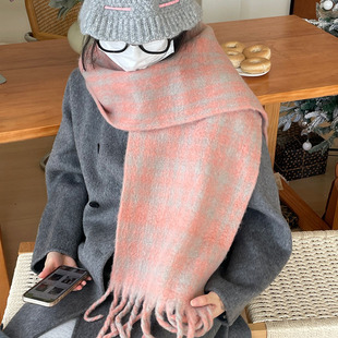 [20% Wool Collection] High-grade Warm All-match Plaid Scarf Women's Autumn and Winter Korean-style Cashmere Scarf