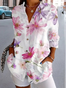 2025 New Women's Shirt Summer European and American Trendy Hot Style Three-Quarter Sleeve Shirt Floral Pattern 3D Printed Shirt