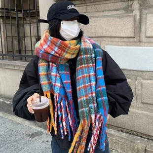 2024 New American Vintage White Rainbow Plaid Scarf Women's Winter Thickened Warm Imitation Cashmere Shawl Scarf