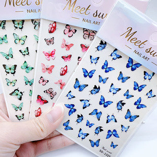 5D relief three-dimensional nail art sticker powder tender young girl heart small fresh blue powder butterfly nail decal