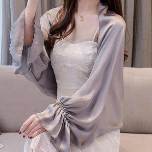Summer Fresh Sweet Chiffon Solid Color Short Other Sources Slim-fit Grey Cardigan Round Neck Korean Style Chiffon Shirt
