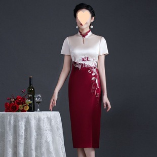 Cheongsam свадебный банкет мама платье лето ацетат атласная вышивка благородная ретро женская одежда