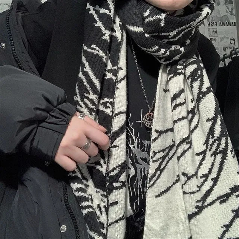 Cross-border European and American Winter Gothic Dark Style Personalized Pattern Double-sided Jacquard All-match Warm Shawl Knitted Scarf