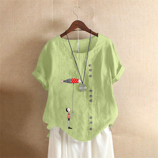 2025 Summer Vintage plus size Casual Loose Cotton and Linen Short-sleeved Pullover T-shirt Cotton and Linen Women's plus size Women's Balloon