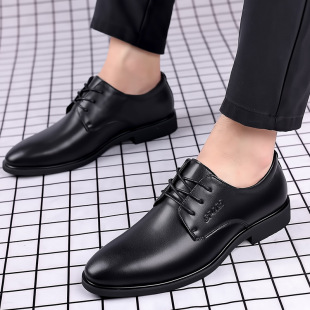 Leather Shoes Men's Business Dress Genuine Leather Casual British Height Increase Youth Wedding Groom Shoes Breathable Thin Soft Sole