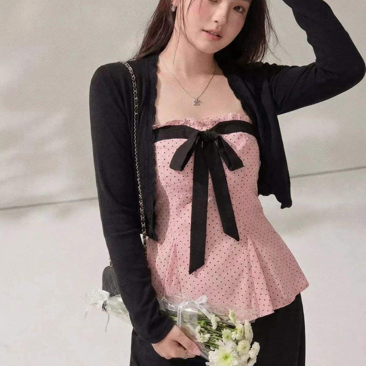 Plus-Size American Retro Polka Dot Tie Bow Camisole Cardigan Women's French-Style Slim-Fit Two-Piece Set