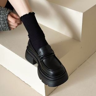Thick Bottom Thick Heeled British Style Leather Shoes Women's 2024 New Autumn and Winter Slip-on Women's Shoes Single-layer Shoes Black Loafers