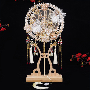 Wedding bride round fan champagne antique double ring finished Chinese wedding xiuhe fan handmade hi fan diy material bag