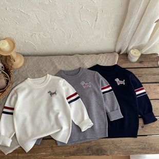 Children's Round Neck Autumn and Winter Knitwear 2024 Autumn Long Sleeve Baby Western Style Puppy Labeling Round Neck Pullover Sweater