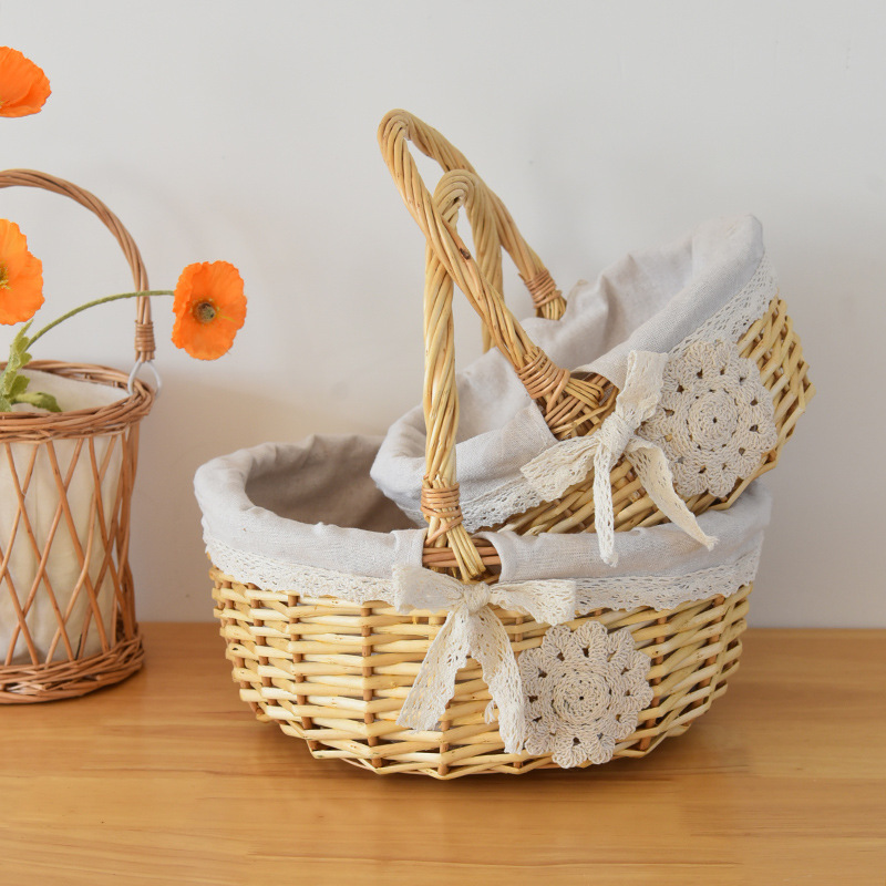 Portable flower basket moon egg basket with flowers rattan woven woven with cloth lining steamed bread basket Xi shop packaging basket wholesale