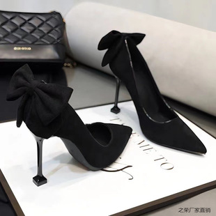 Pointed High Heels Black Professional Women's Korean-style Hollow Women's Stiletto Suede Bow Model Shallow Mouth 9-collar Glory