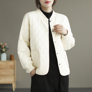 Solid Color Vintage Down Cotton-padded Clothes Women's Diamond-shaped Plaid Fashionable Simple Loose Casual Winter New Jacket Women's Trendy Coat