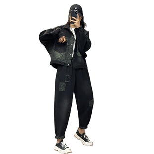 2025 Spring and Autumn New plus size Ladies suit Casual Denim Leopard Print Torre Pants Fashion Denim suit