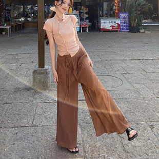 Chinese-style Cocoa Bean-Elegant Knitted Small Vertical Collar New Design Short-sleeved T-shirt Women's 2024 Summer