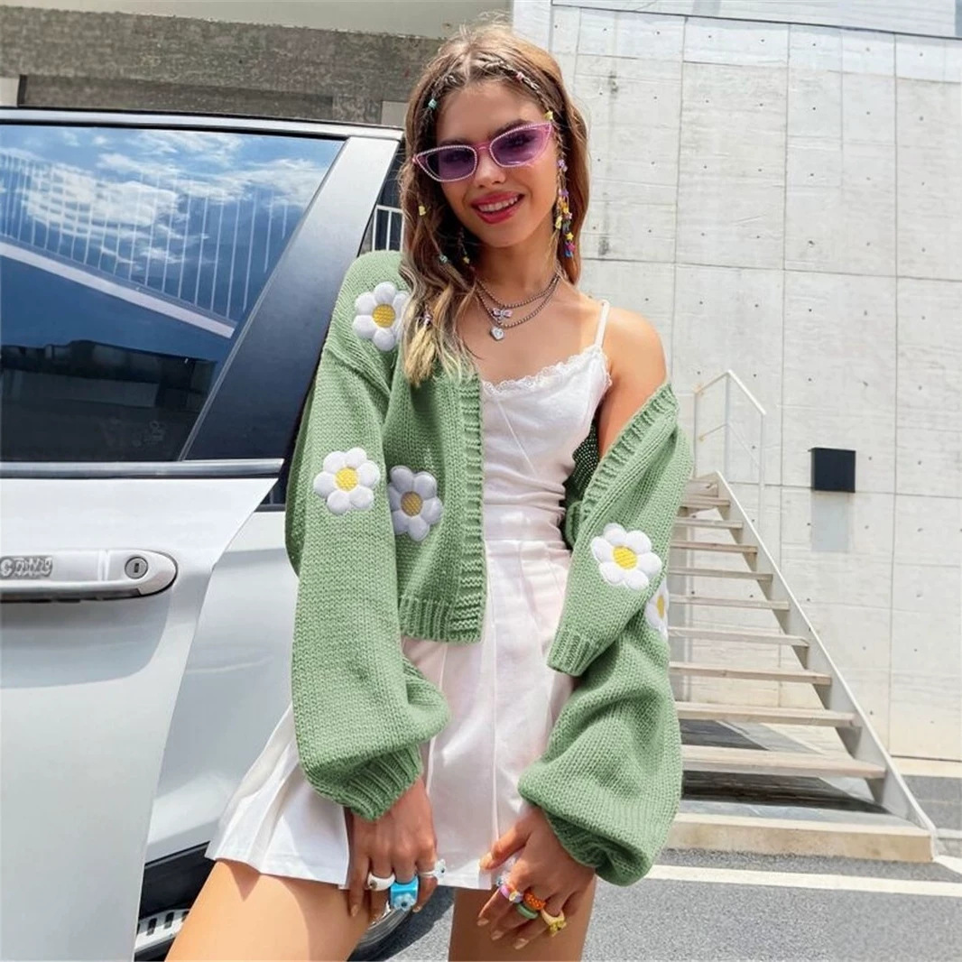 Cross-border European and American women's autumn new sweet floral pattern cardigan loose short knit sweater