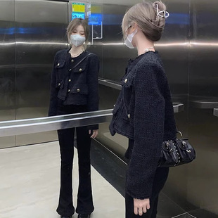 Spring 2024 New French style light luxury high-grade top Tweed long sleeve Chanel style black short coat for women