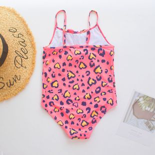 2024 pink leopard print big children's swimsuit female 7-14 years old cross-border new children's swimsuit ruffled off-the-shoulder