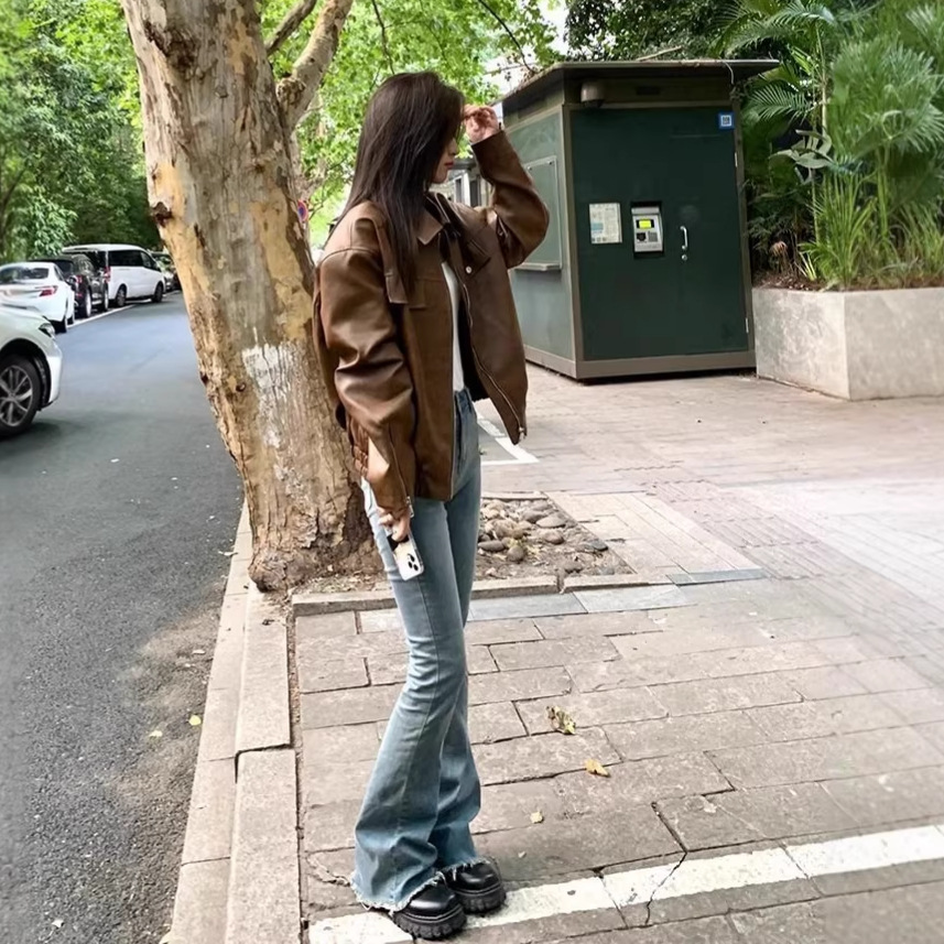 2026 Super Trendy Women's Brown Leather Jacket, Spring and Autumn American-Style Leather Jacket, Black Early Spring High-End Fashion Jacket