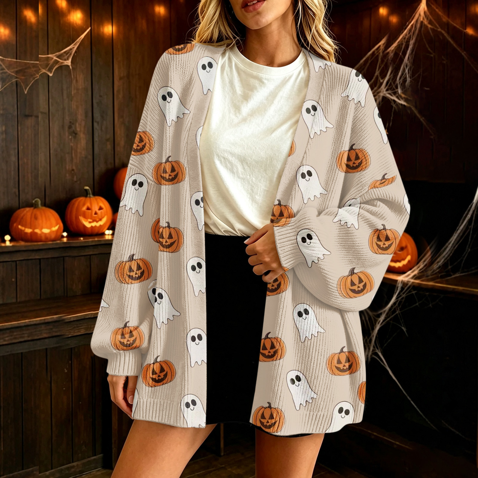 Temu Halloween Pattern Cardigan Sweater Digital Print Outerwear Women's Autumn and Winter Warm Top (Cross-border Amazon)