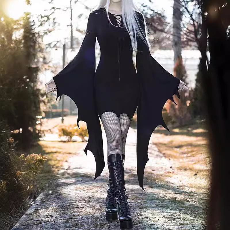 2026 European and American Cross-Border Halloween New Gothic Style Women's Solid Color Irregular Lace-Up Batwing Sleeve Dress