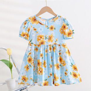 Parent-Child holiday style children's clothing summer new girls' cotton silk puff sleeve dress medium and big children's artificial cotton beach dress