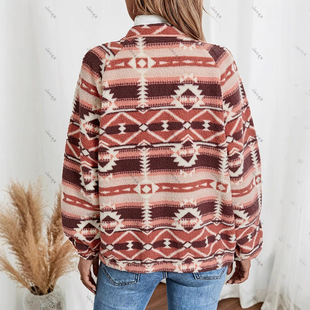 European and American Women's Western Aztec Print Jacket Flannel Lapel Long Sleeve Vintage Jacket